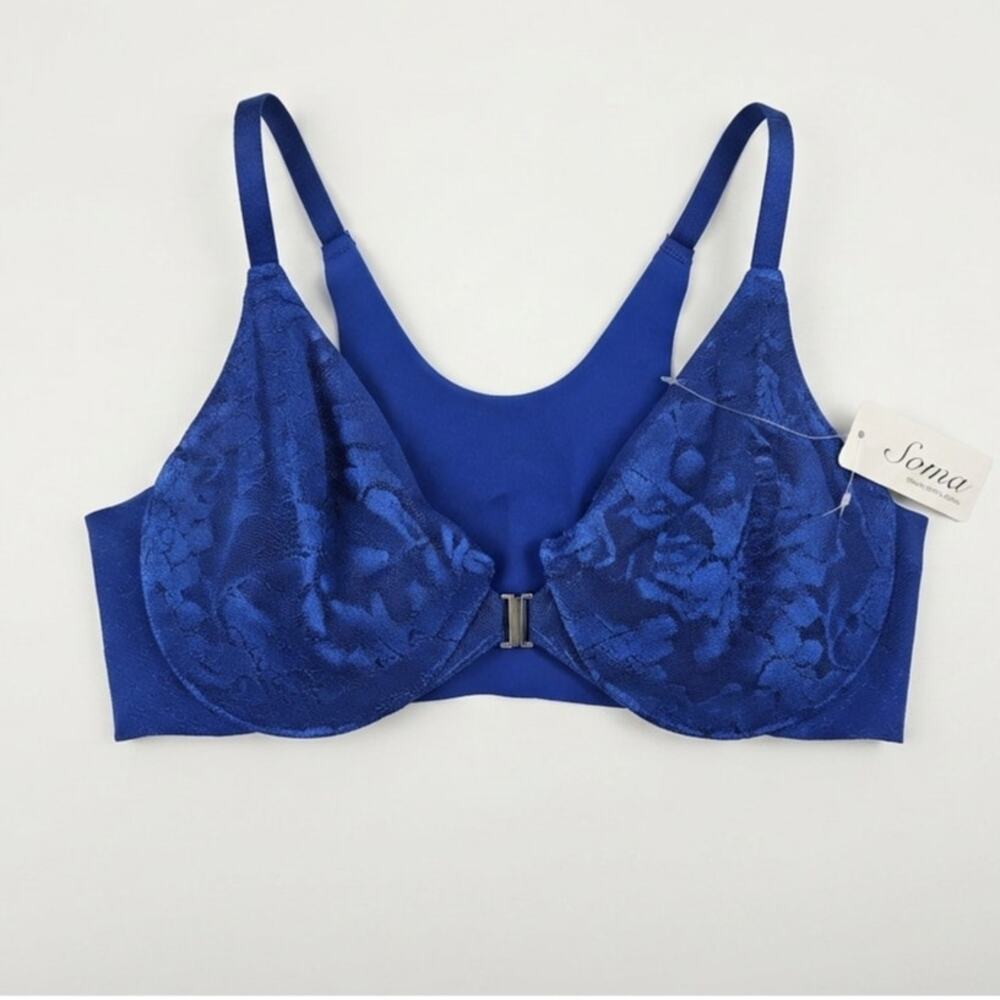 NEW Soma 34B Vanishing Back Unlined Front Close Lace Bright Blue Underwire